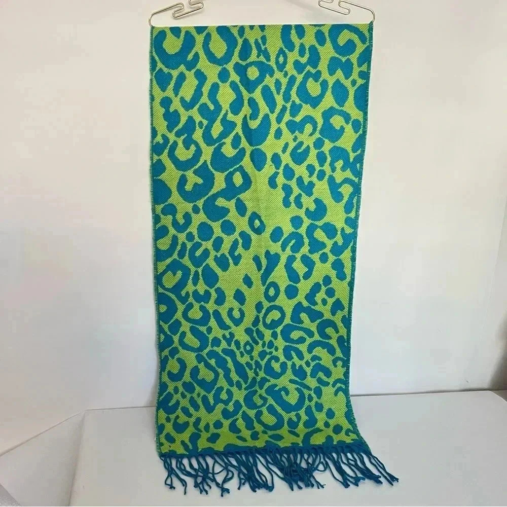 Steve Madden Reversible Leopard Print Scarf Green and Blue With Fringe